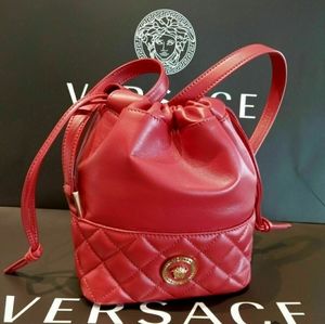 Versace Crossbody Bucket Mini Purse Red Lambskin Leather Medusa Head Medallion